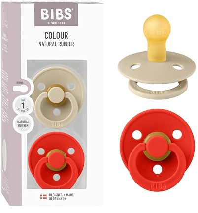 BIBS Colour Pacifier 2-Pack, BPA Free Dummy Binky, Round Nipple. Natural Rubber Latex, Made in Denmark, Size 1 (0-6 Months), Vanilla/Candy Apple