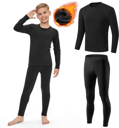 AUYAO Ensemble de Sous-Vêtement Thermique Enfant, Hiver T-Shirt à Manches Longues&Leggings Set, Vêtement Thermique Sport Respirants Thermiques Ensemble pour Ski et Football pour Garçon et Fille(28)