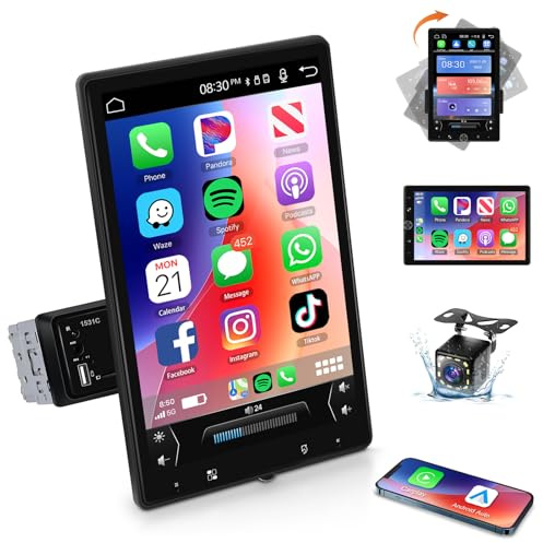 VECHTEL 1 Din bilstereo med Android Auto trådbunden Carplay, 10,4 manuell roterande pekskärm, Bluetooth-bilradio, FM-radio, spegellänk, 2 USB, backkamera