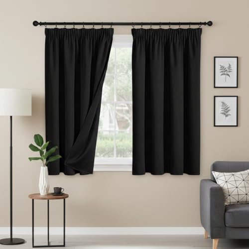 PONY DANCE 100% Blackout Thermal Insulated Curtains, 52x54 Inch, Black | Pencil Pleat Rod Pocket Curtains for Bedroom and Living Room, 2 Panels, Noise Reduction, Light Blocking & Privacy Drapes