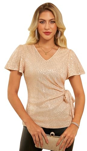 GRACE KARIN Women Elegant Sequin Party Tops Glitter Wrap Tops Sparkly Tunic Shirts Gold XXL