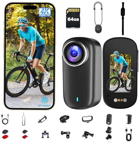Action Cam, Body Cam 4K 64 GB, Action Camera Impermeabile IP65, POV Camera con Batteria da 1200 mAh, Compatta per Vlogging, Perfetta Come Telecamera Moto Casco, Telecamera Sci