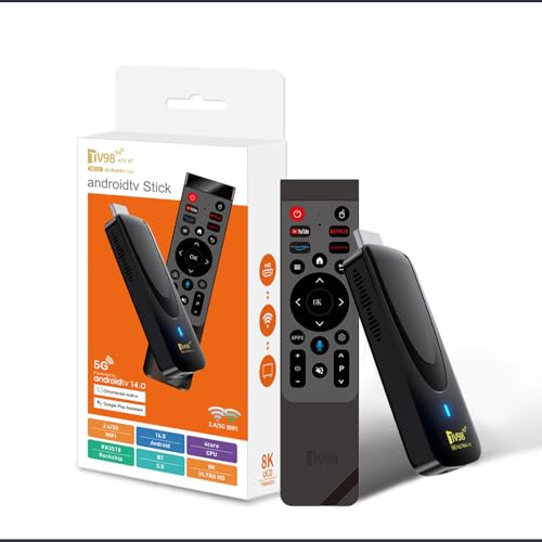 Android 14 TV Stick con WiFi 5G, RK3518 Quad-Core Streaming Stick 4K UHD, HDMI TV Dongle con Bluetooth 5.0, control remoto por voz, WiFi de doble banda, reproductor multimedia compacto para TV y