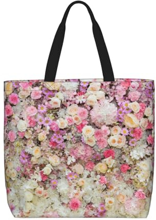 FBGHHTY Rosa blomma grupp tryck stor kasse lätt axelväska för shopping resor arbete strand miljövänlig