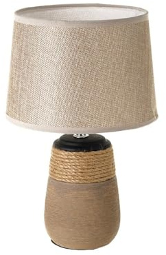 LOLAhome - Lámpara de mesa cilíndrica de 20x30 cm | Lámpara para mesita de noche rústica con pantalla marrón y con base cerámica marrón decorada con cuerda beige. Casquillo E14