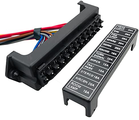 Aiqeer 12-Fach KFZ Sicherungskasten, 2 Eingang 12 Ausgang Flachsicherungsblock, KFZ Sicherungshalter mit Vorverkabelt, und 10 Stück Standard Flachsicherung (12V / 24V / 32V / 48V Universal)
