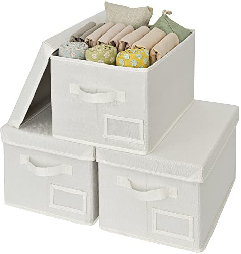 GRANNY SAYS Scatole Portaoggetti con Coperchio, Set di 3 Scatole Tessuto con Coperchio, Scatola Bianco, Organizzatori per Vestiti, Contenitori in Tessuto, Grande Scatole Tessuto per Armadio