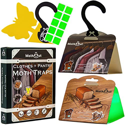 MothOut 12 Pack, 4 Pheromone Clothes & Carpet Moth Traps + 4 Indian Meal Pantry Moth Traps + 4 Fly Monitoring Trap + 10 Glowing Pads + eBook, Premium Moths Monitoring Trap for Kitchen & Wardrobe
