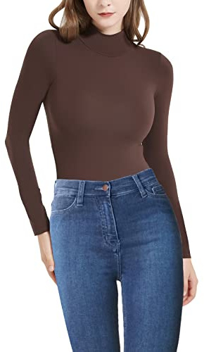 RoomTour Dambody elegant långärmad body damer kroppsdräkt toppar för damer stringbody, BRUN, L