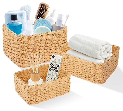 Happy Fox Wicker Bathroom Basket, 3 Piece Storage Laundry Basket, Woven Storage for Dressing Table Organization, Home Decor