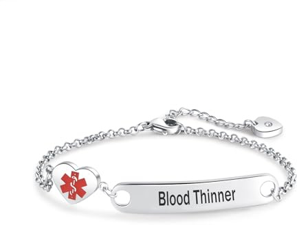 LSxAB Heart Medical Alert Blood Thinner Bracelet for Women Emergency First Aid Health Alert Engraved Stainless Steel Adjustable Chain Bracelets