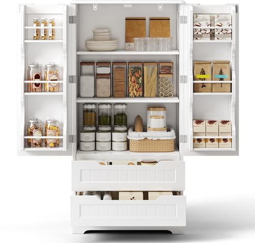 Bealife Armoire de Rangement de Cuisine, Buffet Cuisine avec 2 Tiroirs et 2 Portes, Meuble de Rangement pour Cuisine, Salle de Bain, Salon, Couloir, 60×40×120cm, Blanc