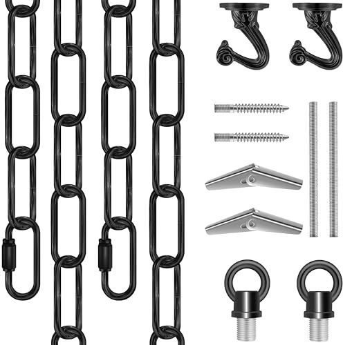 Omytie 15 Ft Heavy Duty Hanging Chain Kit with Connection Locks & Swag Ceiling Hooks for Lighting Fixture, Chandelier, Pendant, Lantern, Swag Lamp, Plant/Flower/Fruit Basket, Bird Feeder (Black)