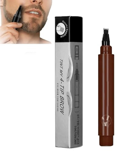 4 Points Multi-Used Waterproof Eyebrow Beard Filling Pen,4 Points Eyebrow Beard Pen Filler & Brush, Beard Pencil Filler for Men Beard, Long Lasting Creates Natural Looking Brows (Dark Brown)