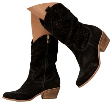 tinbarry Bottes de cowboy pour femmes demi-bottes en daim bottes occidentales hautes bottes pointues à talons bas bottes mi-longues en daim perforé chaussures pour femmes bottes longues