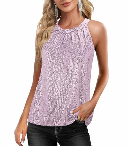 Top con paillettes da donna scintillante top senza maniche Halter Tank abiti da concerto party club cocktail gilet abbigliamento discoteca, Lilla, M