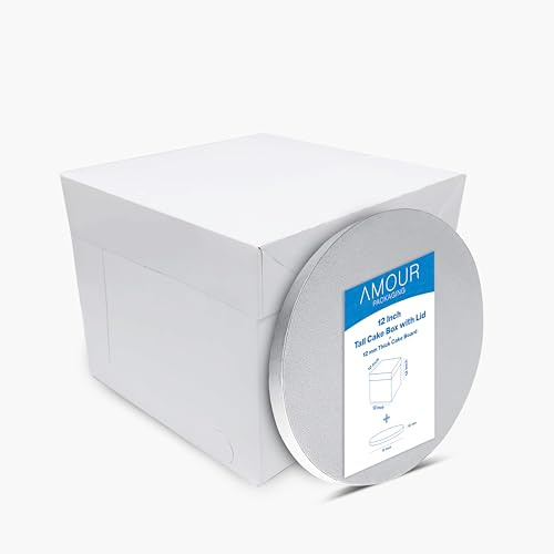 Amour 12 Inch Cake Board and Box –12x12x12 Sturdy Cardboard Tall Cake Box with 12mm Cake Board for Carrying Wedding & Celebrations-Easy Assembly with Lock Mechanism