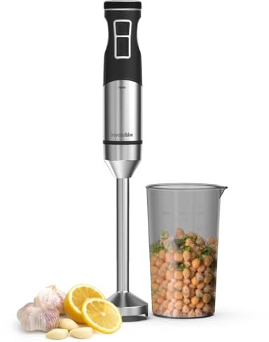 UNIVERSALBLUE Batidora de Mano Potente 1500W con Motor DC, Turbo y 9 Velocidades - Cuchillas de Acero Inoxidable y Vaso – Pica y Tritura Hielo, Ergonómica y Fácil de Limpiar