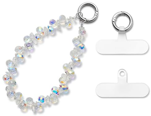 MORSUNBELA Handykette Kurz Weiß Glitzer Perlen Handgelenk Handschlaufe Handy Universal Handyband