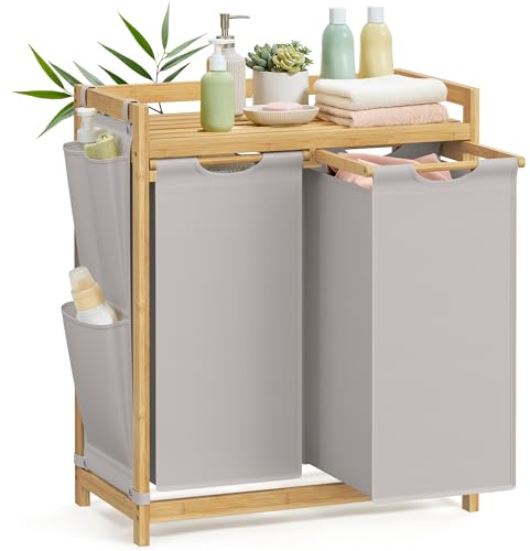SONGMICS Wäschekorb 2 Fächer, Bambus, Wäschesammler 100 L, Wäschesortierer, mit Ablage, Wäschesack, kleine seitliche Taschen, Wäscheregal, 2 x 50 L, 63 x 33 x 78 cm, rauchgrau RLH100G02