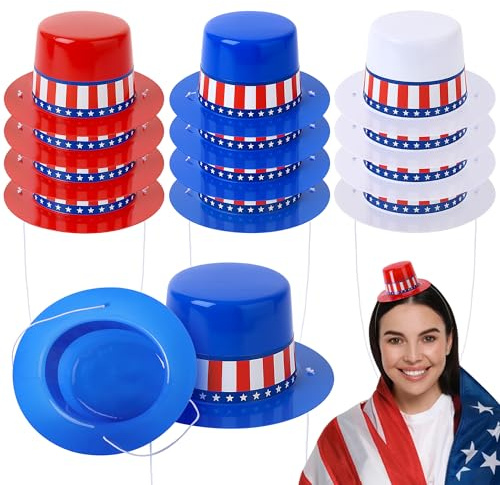 Watayo 12 Pcs 4th of July Patriotic Mini Top Hats, Red White and Blue Mini Party Hats, Small Independence Day Top Hats DIY Decoration for Memorial Day USA Party Decor Dolls Craft Projects
