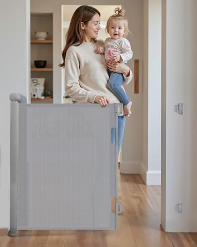 Lorrtta Barrière de Sécurité Rétractable Escalier 0-140 cm, Barriere Enfant Retractable pour Escaliers et Portes, Barriere de Securite Enroulable, Verrouillage Sécurisé, Utilisation à Une Main, Gris