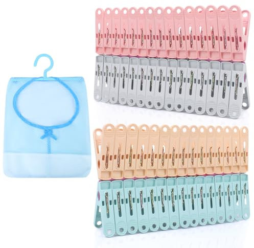 TIECHI 60PCS Pegs for Washing Line with Peg Bag, 4 Colors Washing Line Pegs, Plastic Laundry Clips for Indoor Outdoor Drying, Home Garden Essential