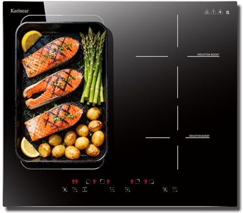Karinear Placa de inducción 4 fuegos con zona flexible, empotrable de 60 cm, pantalla táctil, bloqueo de seguridad, 7200 W, función boost, temporizador, 240 V, sin enchufe.