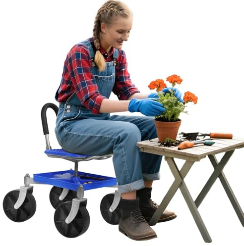 nawoefii Tabouret de roulement de jardin, tabouret de jardin réglable en hauteur, siège avec plateau à outils, siège de travail roulant pour le jardinage Bleu