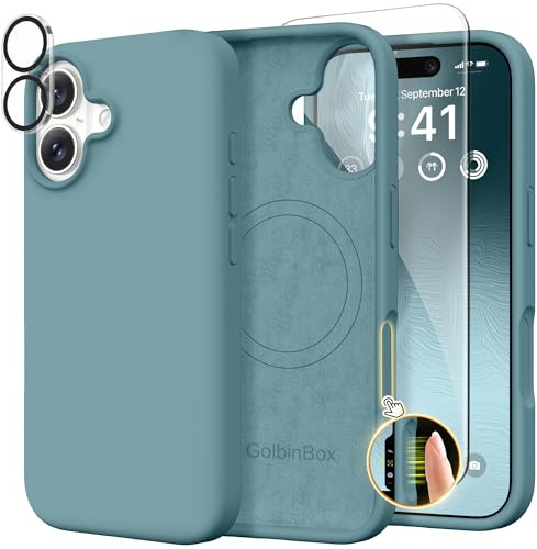 GolbinBox Magnetic for iPhone 17 Case, Compatible with MagSafe, Screen Protector + Camera Lens Protector, Liquid Silicone Shockproof Phone Cover with Anti-Scratch Microfiber Lining, Wave Green