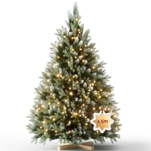 Ferzone 150cm Sapin de Noël Artificiel Vert avec Moins de Neige Blanche & 200 Lumineux LED, 452 Pointes de Sapin en PVC/PE, Arbre de Noël avec Pied en Bois, Montage Facile&Design Pliant