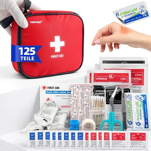 HONYAO Mini Trousse de Secours 125 Pièces, Petite Trousse Premier Secours Complete, Kit Premier Secour, Trousses Pharmacie pour Maison Voiture Travail Voyage Camping Randonnée et Sports en Plein Air