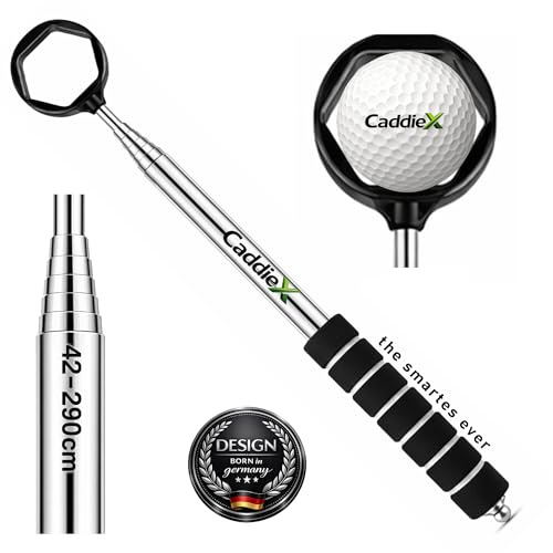 CaddieX Golf Ball Fiskespöke rostfritt stål – 9-vägs teleskop upp till 2,90 m – kompakt 42 cm – ergonomiskt mjukt grepp – säkert greppsystem med 6 kanter – golfboll retriever golfboll i 5 färger