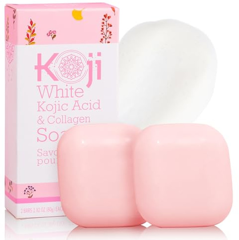Koji White Kojic Acid & Collagen Skin Brightening Soap for Face & Glowing Skin - Moisturizer, Cleansing Bar, Vegan, Paraben-Free, 80g (2 Bars)