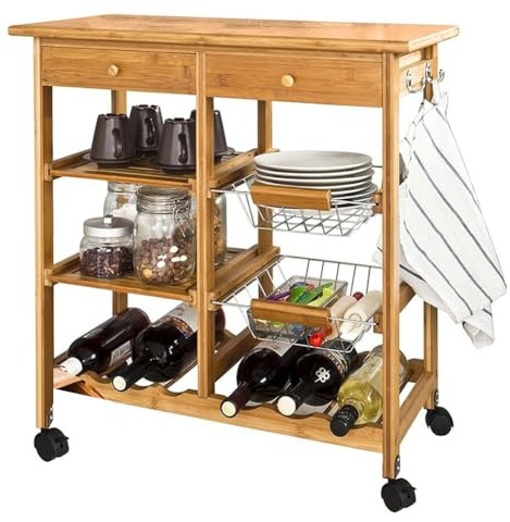 BAKAJI Carrello da Cucina in Legno di Bambù con Ripiano Tagliere Cassetti Portaposate Porta Capsule Caffè Portabottiglie Ceste Portafrutta in Metallo Mensole estraibili e 4 Ruote Girevoli