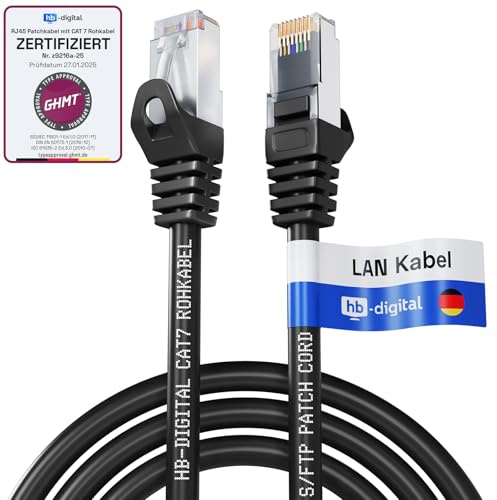 hb-digital 1m Patchkabel CAT.7 LAN-nätverkskabel S/FTP PIMF 2xRJ45 Plug koppar LSZH Halogenfri RoHS-kompatibel 10 Gbits Ethernet Port 600 MHz Internet DSL, PC, Router, Switch, Modem, TV svart