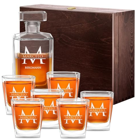 Maverton Whiskey Karaffe + 6er Whiskygläser Set mit Gravur - 700ml Whisky Dekanter - Weihnachtsgeschenke - Geschenk zum Geburtstag für Männer - Monogramm