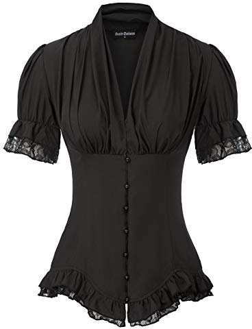 SCARLET DARKNESS Gothic Rüschenbluse Damen Kurzarm V-Ausschnitt mit Rüschen Schnürrücken Trachtenbluse L Schwarz
