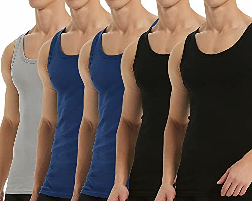 Falechay Débardeur Homme Lot de 5 Maillot de Corps 100% Coton Musculation Sport Maillot de Corps Noir Bleu Gris L