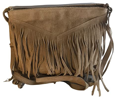 Sac à Main Femme Cuir Veritable Façon Daim Italien à bandoulière Porté Epaule à franges-Beige