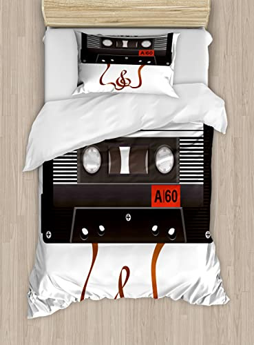 Ambesonne 70s Party Duvet Cover Sets, Broken Analogue Audio Cassette Music Playing Record Vintage Technology, Bedding Set with 2 Duvet Covers & 2 Pillowcases, 2 Pack Twin Size, Orange Caramel White