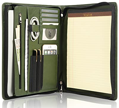 FREI NAME GRAVUR, Konferenzmappe A4, Schreibmappe Veganes Leder mit A4 Block/Klemmbrett, Aktenmappe A4 mit Reissverschluss, Klemmbrettmappe a4, Büro Organizer Padfolio, Customized | Grün