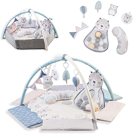 MoMi PASTEL Spielbogen mit Krabbelmatte 3-in-1 für Babys ab der Geburt, sensorische Aktivitätsmatte mit 2 Bogen, Bällchen-Bad, 5 Spielzeugen, 30 Bällchen mit Tasche, Krabbelkissen