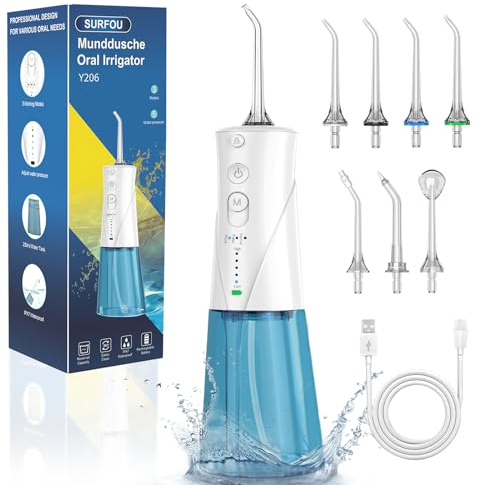 SURFOU Idropulsore Dentale Portatile 3 Modalità 5 Pressione dell'acqua e 7 Ugelli, 230 ml IPX7 Impermeabile USB Ricaricabile per Viaggi e uso Domestico
