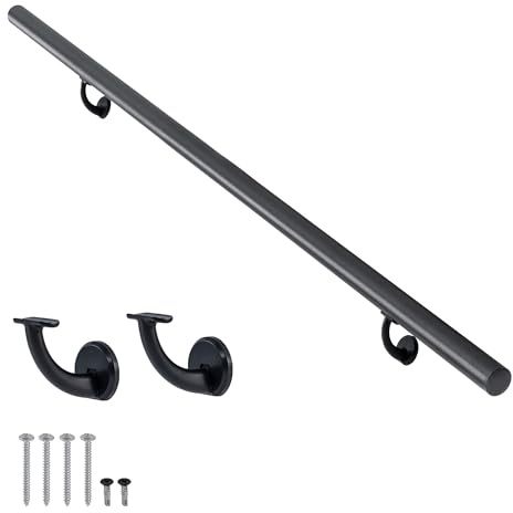 8FT Modern Aluminum Handrail Set, handrails for Indoor Stairs,Deck,Slope, Wall Mounted Staircase handrails, Zink Alloy Brackets Included,Rust Free. (Matte Black, 8 FT)
