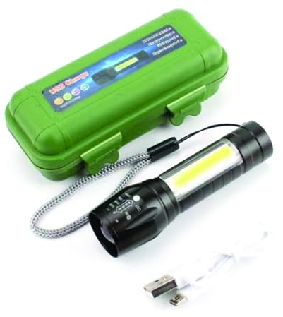 PARENCE.- Lampe Torche de Poche Rechargeable USB / 3 Modes Lumineux : Normal-Stroboscopique-Latéral/Alliage d'Alluminium - Lampe puissante avec Lanière