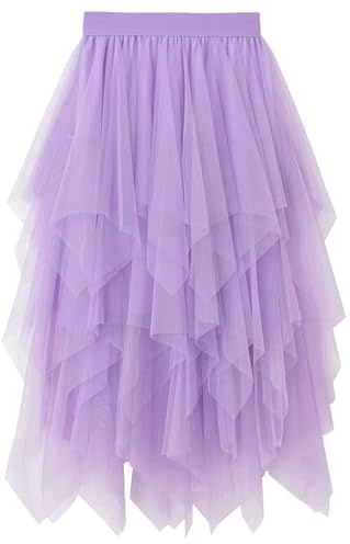 Gonna a pieghe da donna in tulle, asimmetrica, gonna corta da skater, lilla, Taglia unica