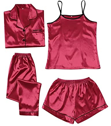 Pigiama da donna, 4 pezzi, in raso, sexy, per la casa, estivo, per ragazze, in seta, a maniche corte, da notte, con bottoni, maglietta + top + pantaloni baggy + pantaloncini corti