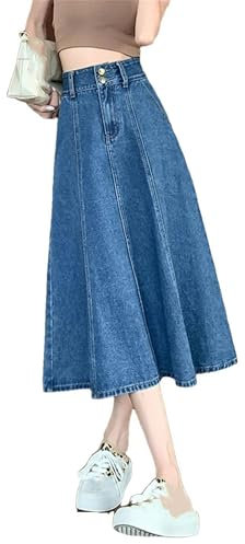 Nogkdyc Jeans Rock Für Dame Denim-Rock Frauen Hohe Taille 3XL 4XL 5XL 6XL Großer Größe Mit Mittlerer Länge A-Line-Rock Langer Schwung Denim-Regenschirm-Rock-B-XXL