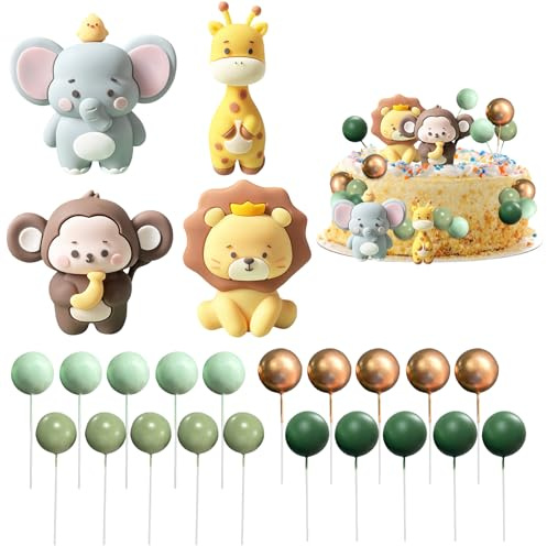 Cake Topper Cumpleaños: PRITOK 24 Piezas Animales Decoración para Pasteles Decoración de Selva Cumpleaños Jirafa, León, Elefante, Mono, Decoración de Pasteles, Mini Globos para Boda Fiesta Bebé